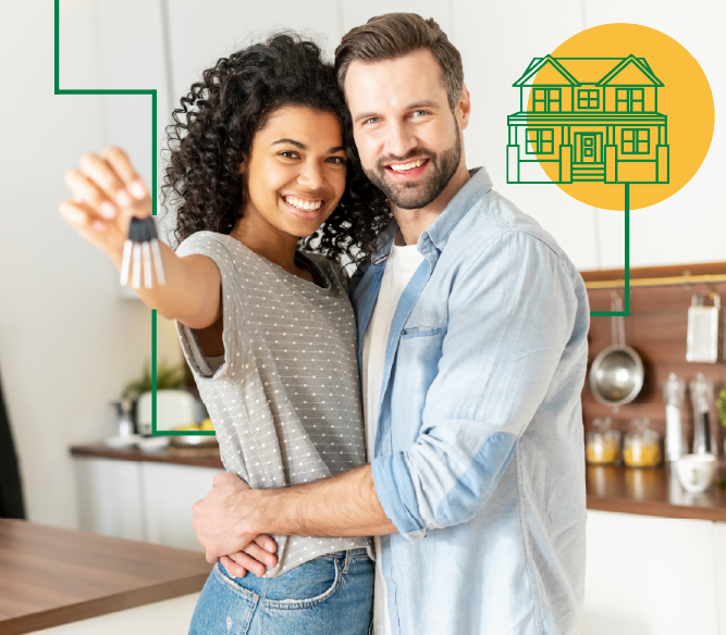 A woman and a man hugging and holding up a house key in their new home
